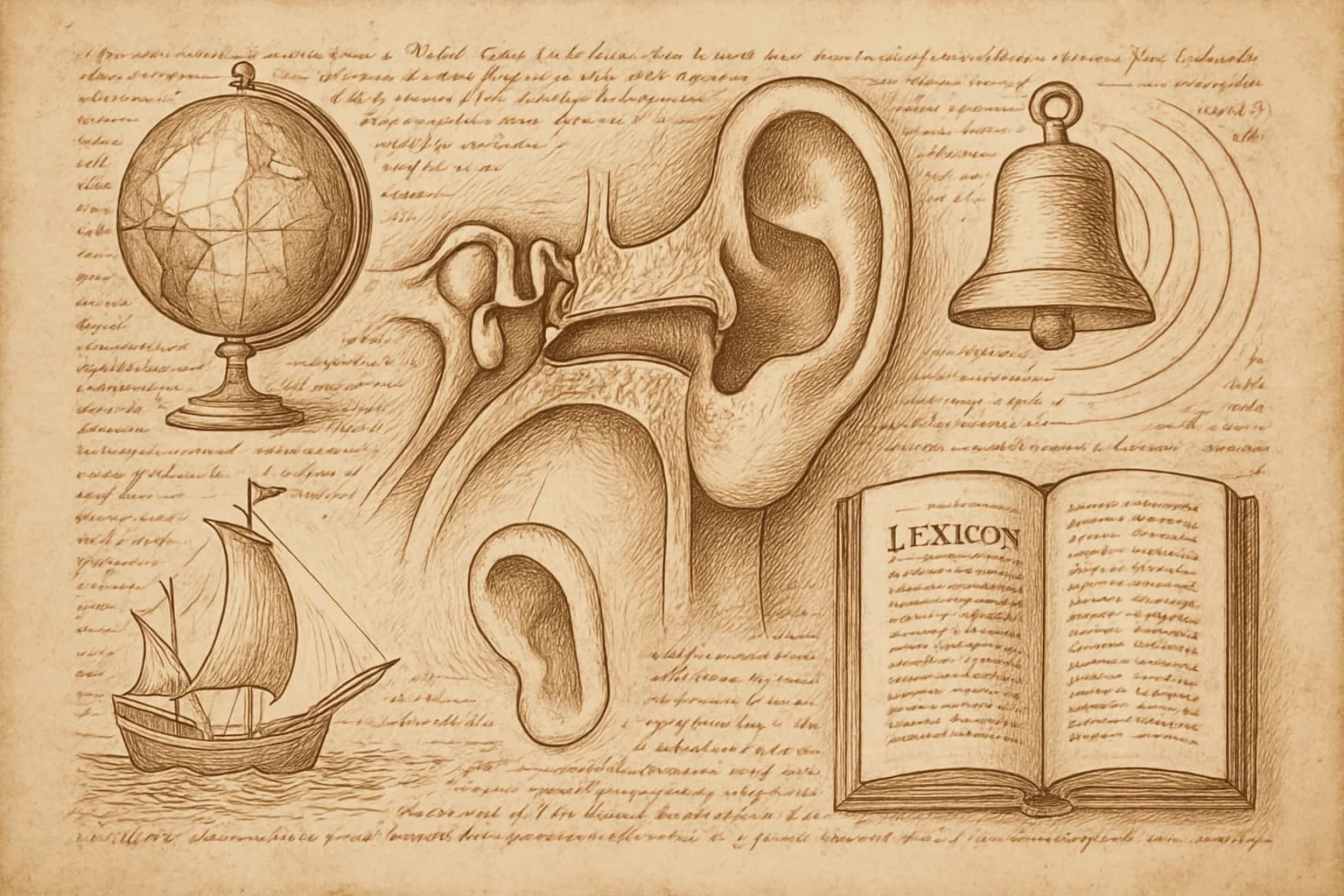 Anglais : cours et exercices du collège au baccalauréat Page de carnet à la manière de Léonard de Vinci consacrée à l'anglais : coupe anatomique de l'oreille et du conduit vocal, globe terrestre sur son support avec des routes maritimes tracées, arcs concentriques figurant le son d'une cloche et lexique ouvert sur deux colonnes