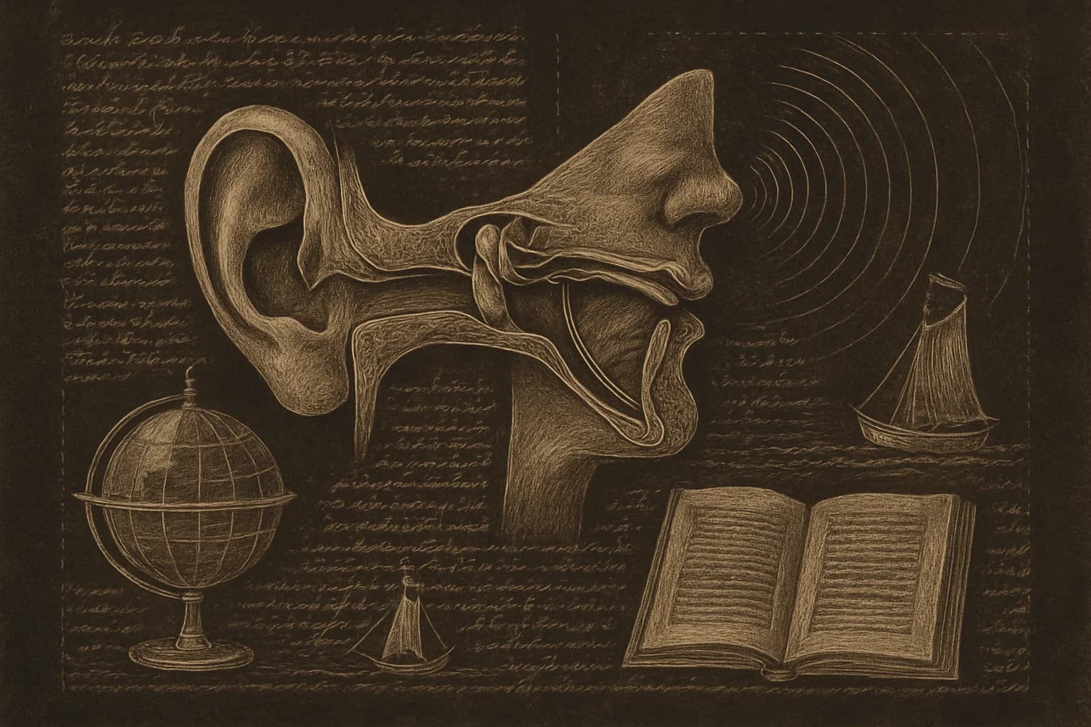 Anglais : cours et exercices du collège au baccalauréat Page de carnet à la manière de Léonard de Vinci consacrée à l'anglais : coupe anatomique de l'oreille et du conduit vocal, globe terrestre sur son support avec des routes maritimes tracées, arcs concentriques figurant le son d'une cloche et lexique ouvert sur deux colonnes