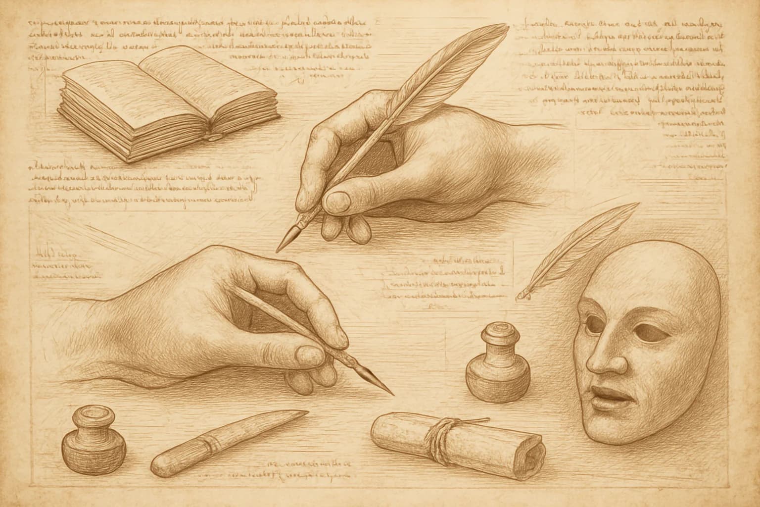 Français : cours et exercices du collège au baccalauréat Page de carnet à la manière de Léonard de Vinci consacrée au français : étude d'une main tenant une plume en plein geste, codex ouvert montrant sa reliure, plume taillée et canif, encrier, rouleau de parchemin et masque de théâtre