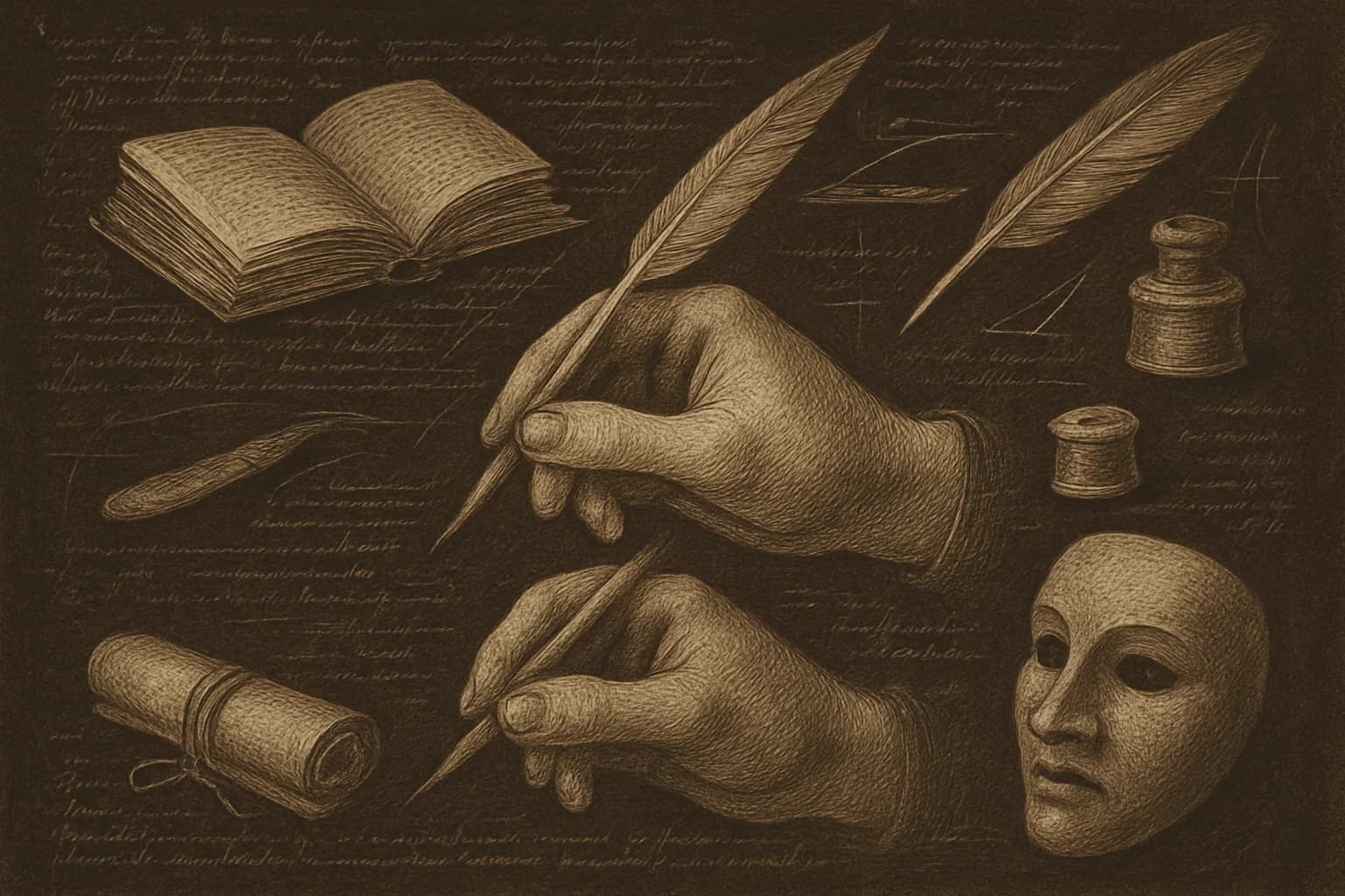 Français : cours et exercices du collège au baccalauréat Page de carnet à la manière de Léonard de Vinci consacrée au français : étude d'une main tenant une plume en plein geste, codex ouvert montrant sa reliure, plume taillée et canif, encrier, rouleau de parchemin et masque de théâtre
