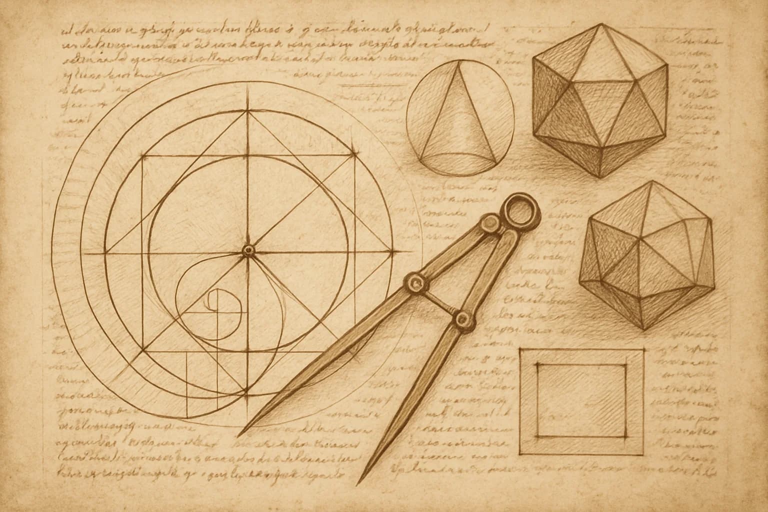 Mathématiques : cours et exercices du collège au baccalauréat Page de carnet à la manière de Léonard de Vinci consacrée aux mathématiques : construction au compas d'un cercle inscrit dans un polygone, spirale d'or, section conique, polyèdres en perspective et compas posé en travers de la page