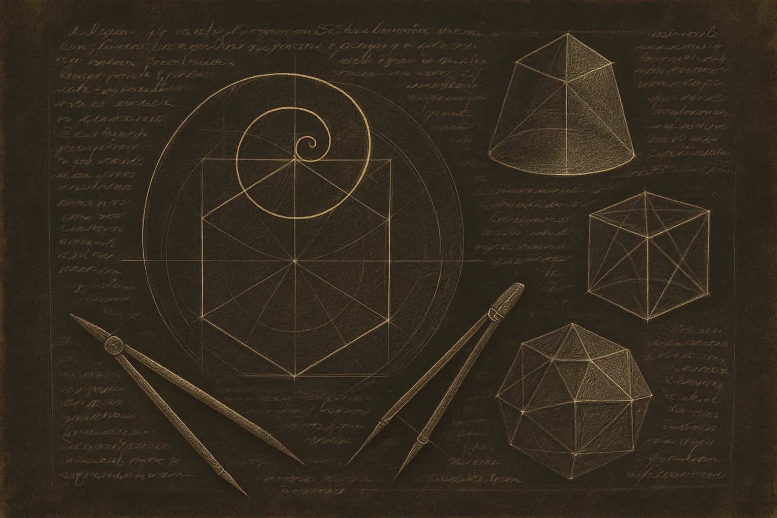Mathématiques : cours et exercices du collège au baccalauréat Page de carnet à la manière de Léonard de Vinci consacrée aux mathématiques : construction au compas d'un cercle inscrit dans un polygone, spirale d'or, section conique, polyèdres en perspective et compas posé en travers de la page