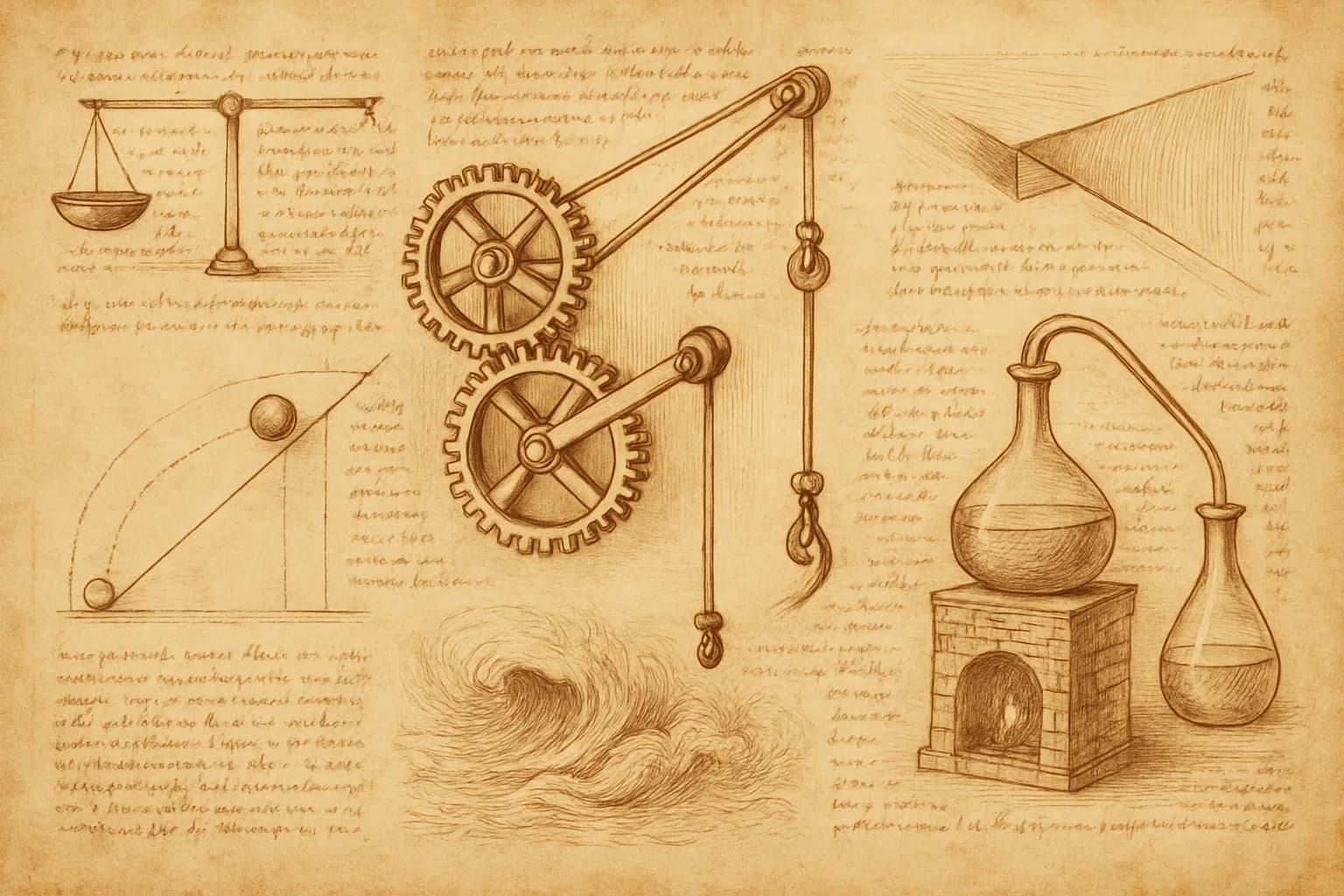 Physique-chimie : cours et exercices du collège au baccalauréat Page de carnet à la manière de Léonard de Vinci consacrée à la physique-chimie : engrenages entraînant un levier et une poulie, balance à fléau, plan incliné, tourbillons d'eau, alambic de verre et prisme décomposant un faisceau de lumière