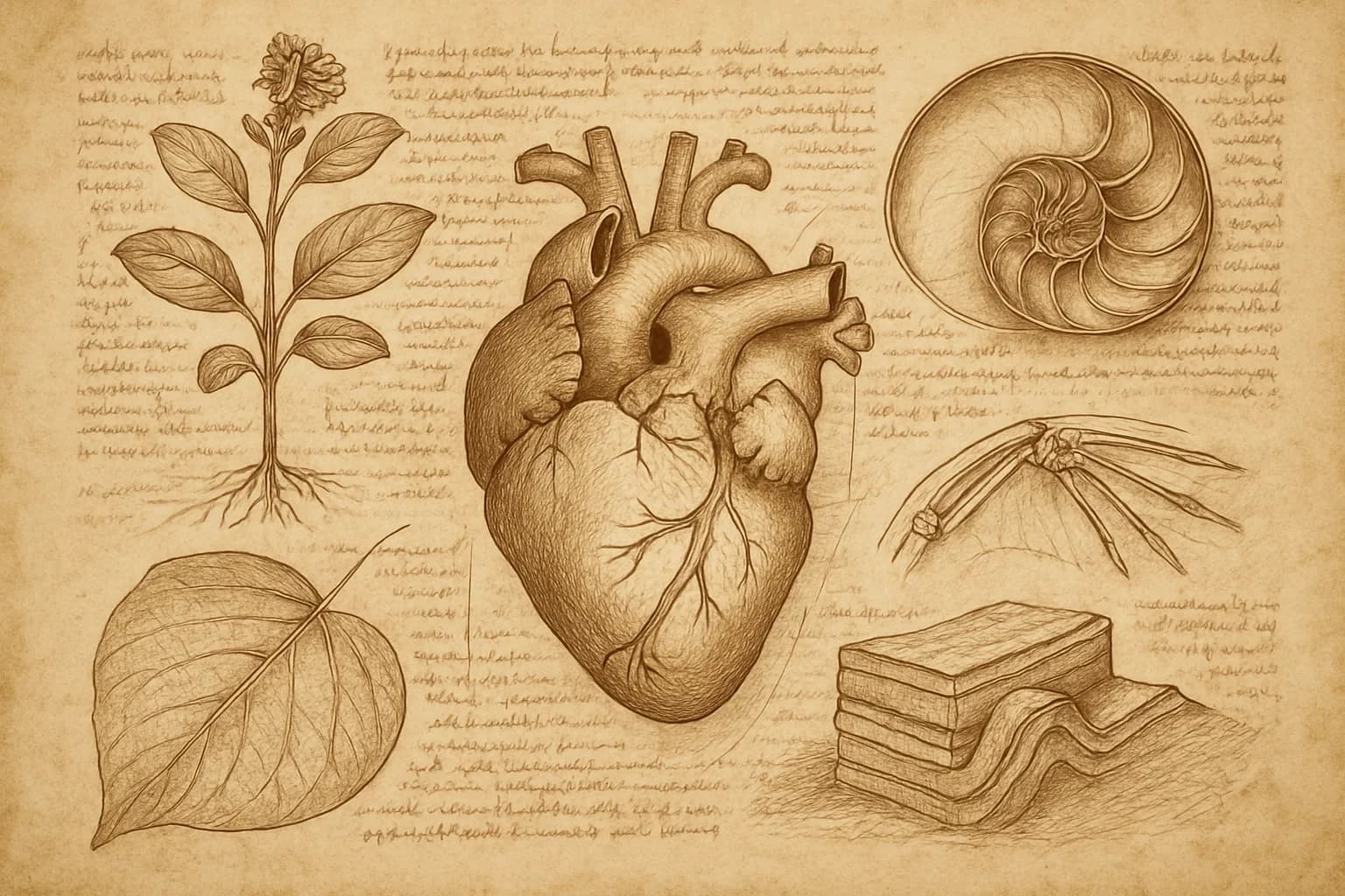 Sciences de la vie et de la terre : cours et exercices du collège au baccalauréat Page de carnet à la manière de Léonard de Vinci consacrée aux sciences de la vie et de la terre : étude anatomique d'un coeur humain, plante entière avec ses racines, nervures d'une feuille, coupe de strates rocheuses plissées et coquille de nautile en section
