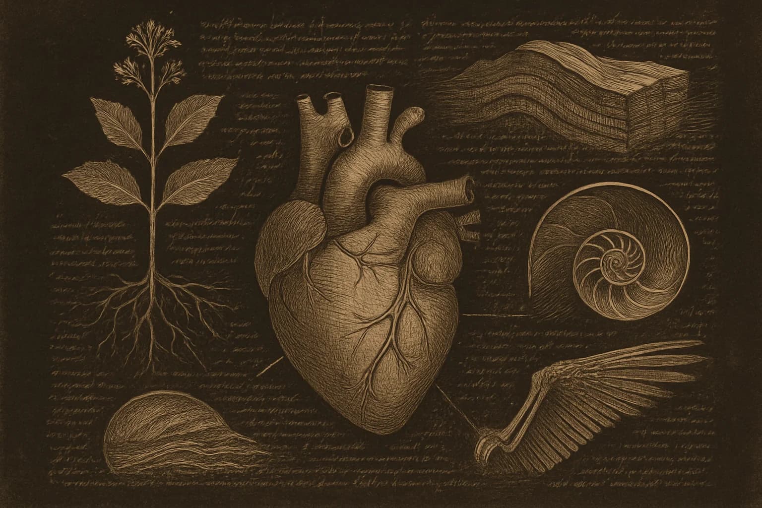 Sciences de la vie et de la terre : cours et exercices du collège au baccalauréat Page de carnet à la manière de Léonard de Vinci consacrée aux sciences de la vie et de la terre : étude anatomique d'un coeur humain, plante entière avec ses racines, nervures d'une feuille, coupe de strates rocheuses plissées et coquille de nautile en section